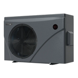 Three-quarter studio view of a dark grey Sensaheat ES Series pool heat pump featuring a front-discharge fan grille, top-left logo, circular LED display, and side-mounted electrical junction box.