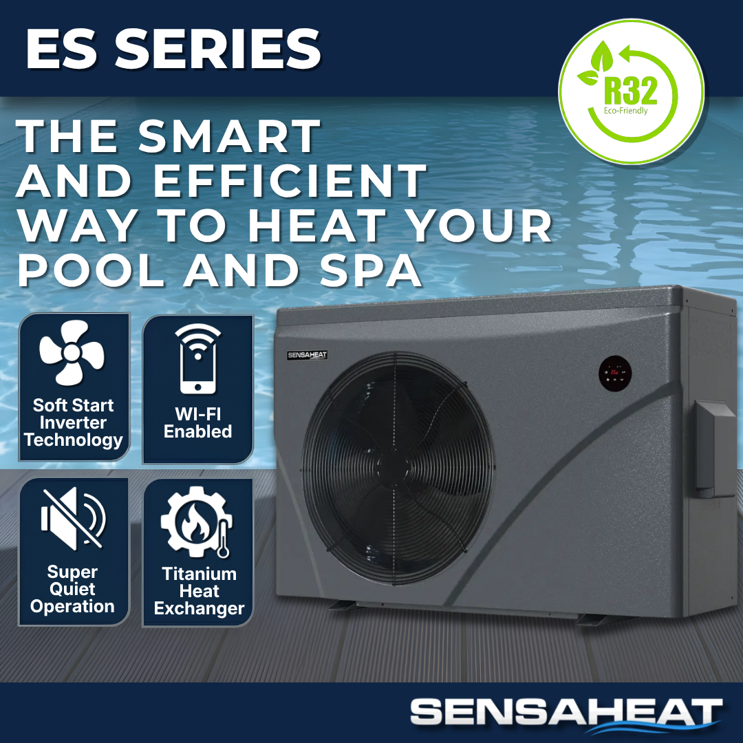 Product features infographic for the Sensaheat ES Series pool and spa heat pump utilizing eco-friendly R32 refrigerant, showcasing a dark grey front-discharge unit with icons highlighting soft start inverter technology, Wi-Fi connectivity, super quiet operation, and a durable titanium heat exchanger.