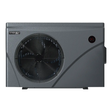 Direct front studio view of a dark grey Sensaheat ES Series pool heat pump featuring a large circular fan grille, Sensaheat logo in the top left corner, and a small round digital LED controller display in the top right.