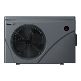 Direct front studio view of a dark grey Sensaheat ES Series pool heat pump featuring a large circular fan grille, Sensaheat logo in the top left corner, and a small round digital LED controller display in the top right.