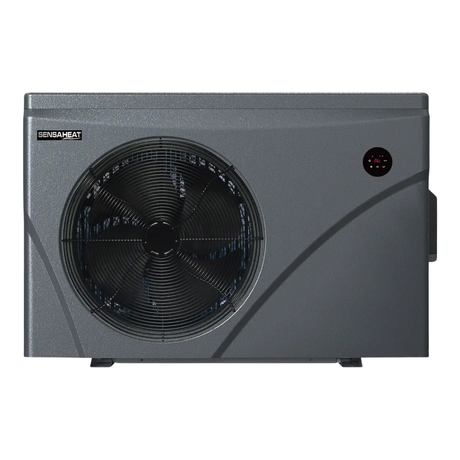Direct front studio view of a dark grey Sensaheat ES Series pool heat pump featuring a large circular fan grille, Sensaheat logo in the top left corner, and a small round digital LED controller display in the top right.