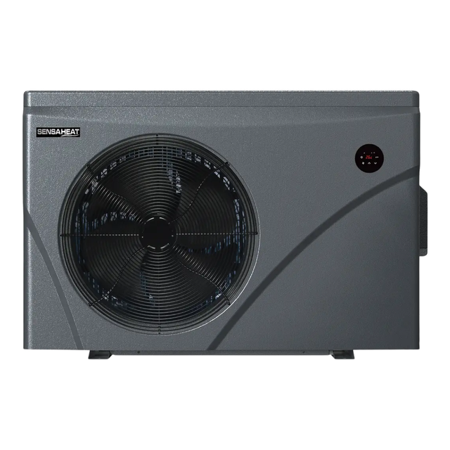 Direct front studio view of a dark grey Sensaheat ES Series pool heat pump featuring a large circular fan grille, Sensaheat logo in the top left corner, and a small round digital LED controller display in the top right.
