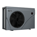 Three-quarter studio view from the left of a dark grey Sensaheat ES Series pool heat pump, displaying its front fan grille, textured casing, side intake opening, and round LED display.