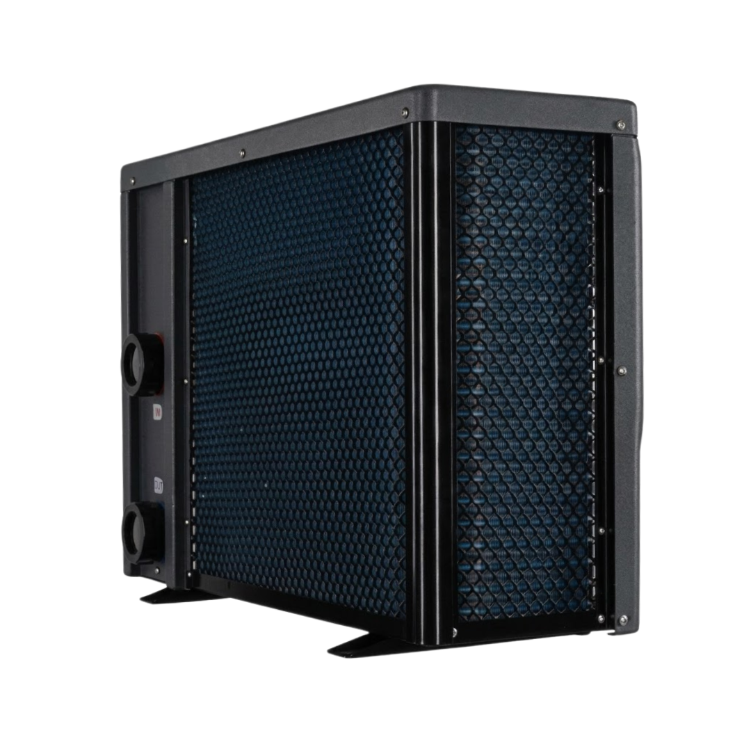 Three-quarter studio rear view of a dark grey Sensaheat ES Series pool heat pump, displaying blue internal evaporator coils behind mesh protection and water inlet and outlet ports labeled on the side panel.