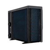 Three-quarter studio rear view of a dark grey Sensaheat ES Series pool heat pump, displaying blue internal evaporator coils behind mesh protection and water inlet and outlet ports labeled on the side panel.