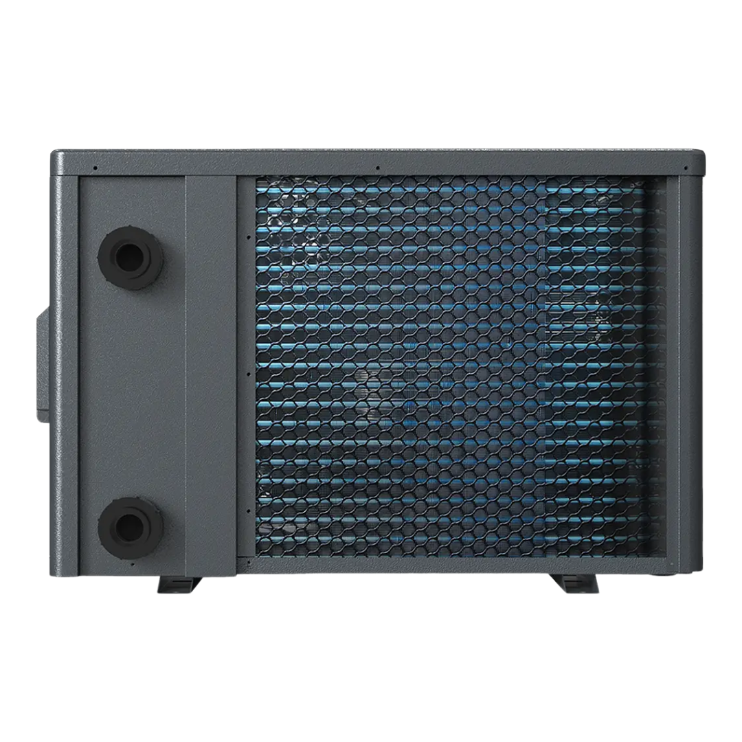 Direct rear studio view of a dark grey Sensaheat ES Series pool heat pump, displaying blue evaporator coils protected by a mesh grille, along with two black plumbing water connection ports on the left side panel.