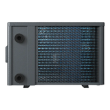 Direct rear studio view of a dark grey Sensaheat ES Series pool heat pump, displaying blue evaporator coils protected by a mesh grille, along with two black plumbing water connection ports on the left side panel.
