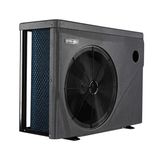 Three-quarter studio front view from the side of a dark grey Sensaheat ES Series pool heat pump, showing the large front fan grille, side air intake showing blue coils behind mesh, and top-right recess cutout.
