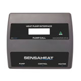 Sensaheat Heat Pump Interface automated controller unit with a digital display screen, pump call indicator, and labeled outlets for pump, control, and heater.