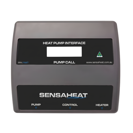 Sensaheat Heat Pump Interface automated controller unit with a digital display screen, pump call indicator, and labeled outlets for pump, control, and heater.