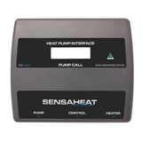 Front view studio shot of the Sensaheat Heat Pump Interface automation controller by Spa-Craft, featuring an LCD display window, Pump Call status light indicator, and labeled sections for Pump, Control, and Heater connections.