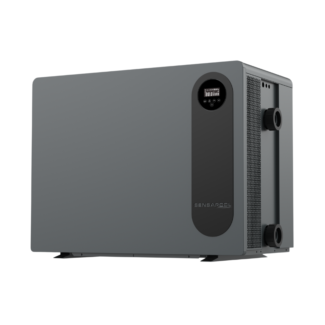 Three-quarter studio view of a matte grey Sensaheat PiX Series pool heat pump featuring a flat solid front panel, a vertical black insert housing the digital display control screen, side air discharge mesh, and dual plumbing connections.