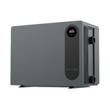 Three-quarter studio view of a matte grey Sensaheat PiX Series pool heat pump featuring a flat solid front panel, a vertical black insert housing the digital display control screen, side air discharge mesh, and dual plumbing connections.