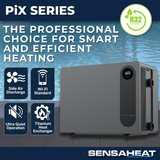 Product features infographic for the Sensaheat PiX Series pool heat pump using eco-friendly R32 refrigerant, featuring a sleek grey unit with icons highlighting side air discharge, standard Wi-Fi connectivity, ultra quiet operation, and a titanium heat exchanger.