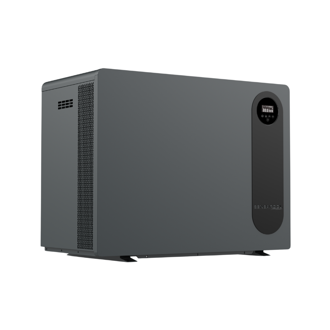 Three-quarter studio view from the left of a matte grey Sensaheat PiX Series pool heat pump, highlighting a solid front face with a black control panel pill, side air discharge mesh grilles, and top side ventilation slots.
