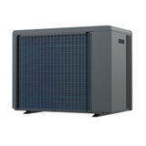 Three-quarter rear studio view of a matte grey Sensaheat PiX Series pool heat pump, displaying a large protective rear grille over blue coils, side air outlet mesh, and small ventilation slits.