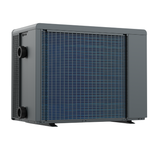 Three-quarter rear studio view from the left of a matte grey Sensaheat PiX Series pool heat pump, highlighting the large protective rear mesh grille over blue evaporator coils, side air discharge mesh, and dual black water pipe connection unions.