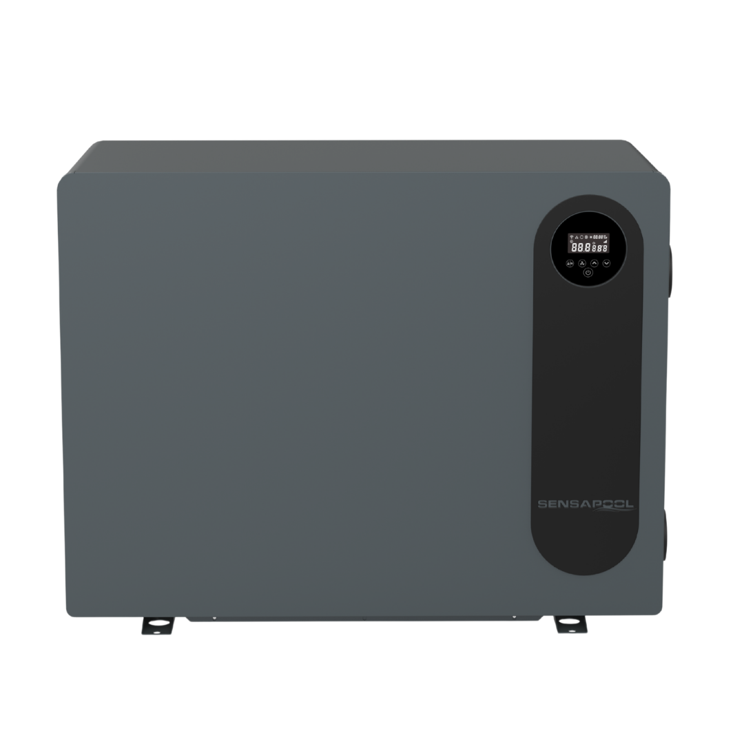 Direct front studio view of a matte grey Sensaheat PiX Series pool heat pump featuring a solid front casing, mounting feet, and a right-aligned vertical black pill panel housing an integrated digital LED screen display and Sensapool logo.