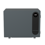 Direct front studio view of a matte grey Sensaheat PiX Series pool heat pump featuring a solid front casing, mounting feet, and a right-aligned vertical black pill panel housing an integrated digital LED screen display and Sensapool logo.