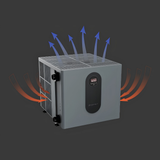 Diagram illustration of a matte grey Sensaheat TDX Series pool heat pump showing warm ambient air drawn in from the sides with orange arrows and cool air discharged vertically through the top grille with blue arrows.