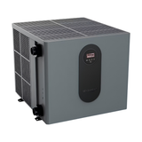Three-quarter studio view of a matte grey Sensaheat TDX Series pool heat pump featuring a top air discharge grille, side air intake mesh, left-side plumbing connection unions, and a centered front black panel housing an integrated digital LED screen.