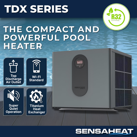 Product features infographic for the Sensaheat TDX Series pool heater using eco-friendly R32 refrigerant, displaying a compact grey unit with icons highlighting top discharge air outlet, standard Wi-Fi connectivity, super quiet operation, and a titanium heat exchanger.