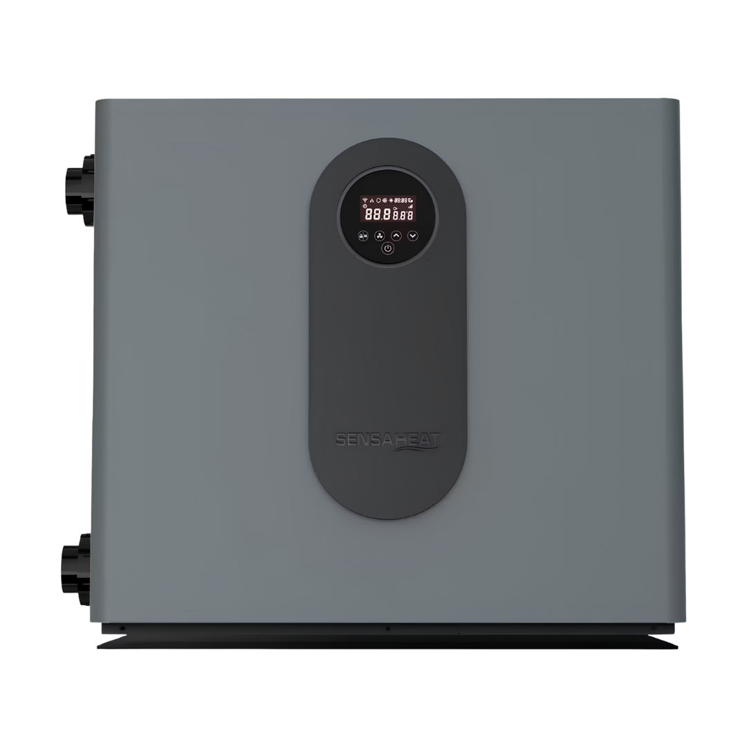 Direct front studio view of a matte grey Sensaheat TDX Series pool heat pump featuring a flat front casing, a centered vertical black pill insert housing an integrated digital LED screen controller display and Sensaheat logo, and plumbing connections on the left side.