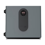Direct front studio view of a matte grey Sensaheat TDX Series pool heat pump featuring a flat front casing, a centered vertical black pill insert housing an integrated digital LED screen controller display and Sensaheat logo, and plumbing connections on the left side.