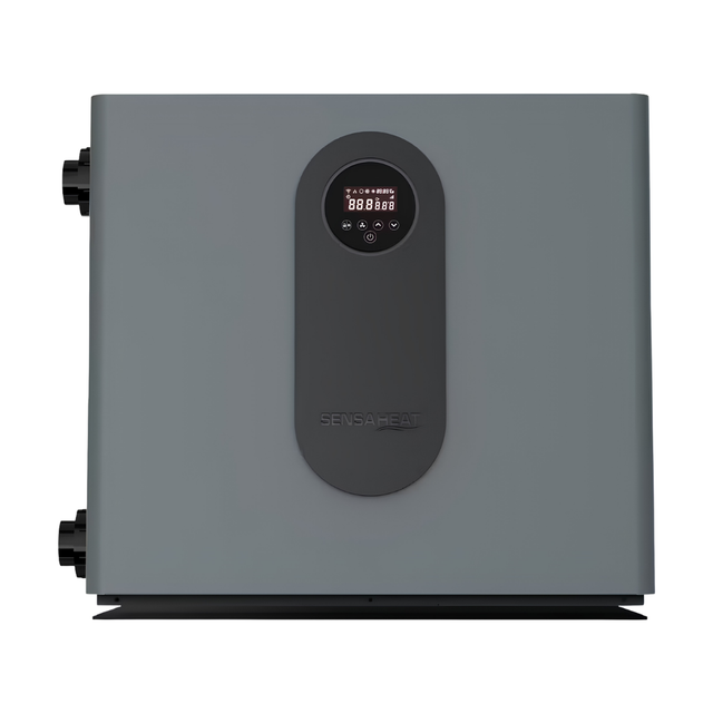 Direct front studio view of a matte grey Sensaheat TDX Series pool heat pump featuring a flat front casing, a centered vertical black pill insert housing an integrated digital LED screen controller display and Sensaheat logo, and plumbing connections on the left side.