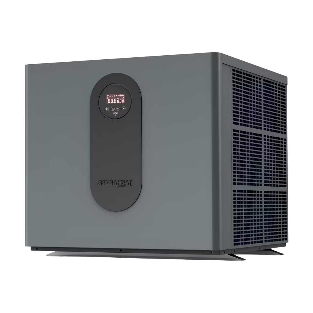 Three-quarter studio view from the right of a matte grey Sensaheat TDX Series pool heat pump, featuring a solid front casing, centered vertical black control panel with digital LED screen, side intake mesh grille, and mounting feet.