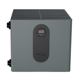 Three-quarter studio view from above of a matte grey Sensaheat TDX Series pool heat pump, showing its top discharge ventilation grille, front-facing digital control panel, and side plumbing ports.