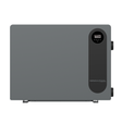 Direct front studio view of a matte grey Sensapool PiX Series pool heat pump featuring a sleek minimalist casing with a black vertical panel, integrated digital LED display screen, Sensapool logo, and side plumbing ports.