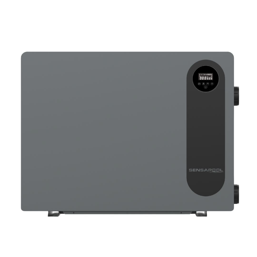 Direct front studio view of a matte grey Sensapool PiX Series pool heat pump featuring a sleek minimalist casing with a black vertical panel, integrated digital LED display screen, Sensapool logo, and side plumbing ports.