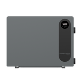 Direct front studio view of a matte grey Sensapool PiX Series pool heat pump featuring a sleek minimalist casing with a black vertical panel, integrated digital LED display screen, Sensapool logo, and side plumbing ports.