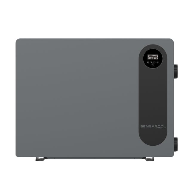 Direct front studio view of a matte grey Sensapool PiX Series pool heat pump featuring a sleek minimalist casing with a black vertical panel, integrated digital LED display screen, Sensapool logo, and side plumbing ports.