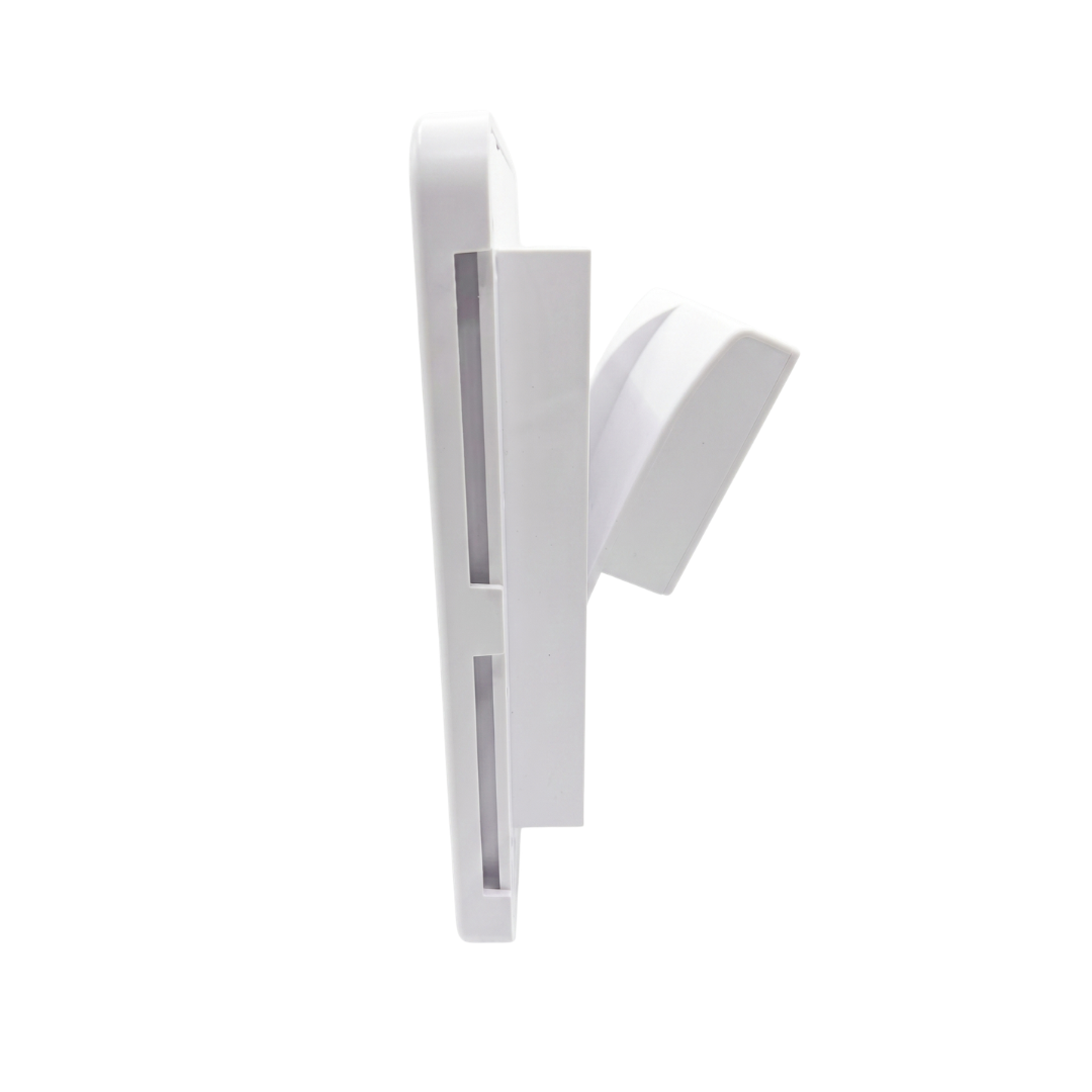 Alternate side profile view of a white plastic small pool skimmer weir door assembly showing the open rectangular flap pivoting on its bottom hinge mechanism