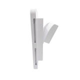 Alternate side profile view of a white plastic small pool skimmer weir door assembly showing the open rectangular flap pivoting on its bottom hinge mechanism