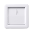 Front view of a white plastic small pool skimmer weir door assembly showing the rectangular hinged flap door centered inside its outer faceplate frame