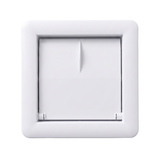Front view of a white plastic small pool skimmer weir door assembly showing the rectangular hinged flap door centered inside its outer faceplate frame