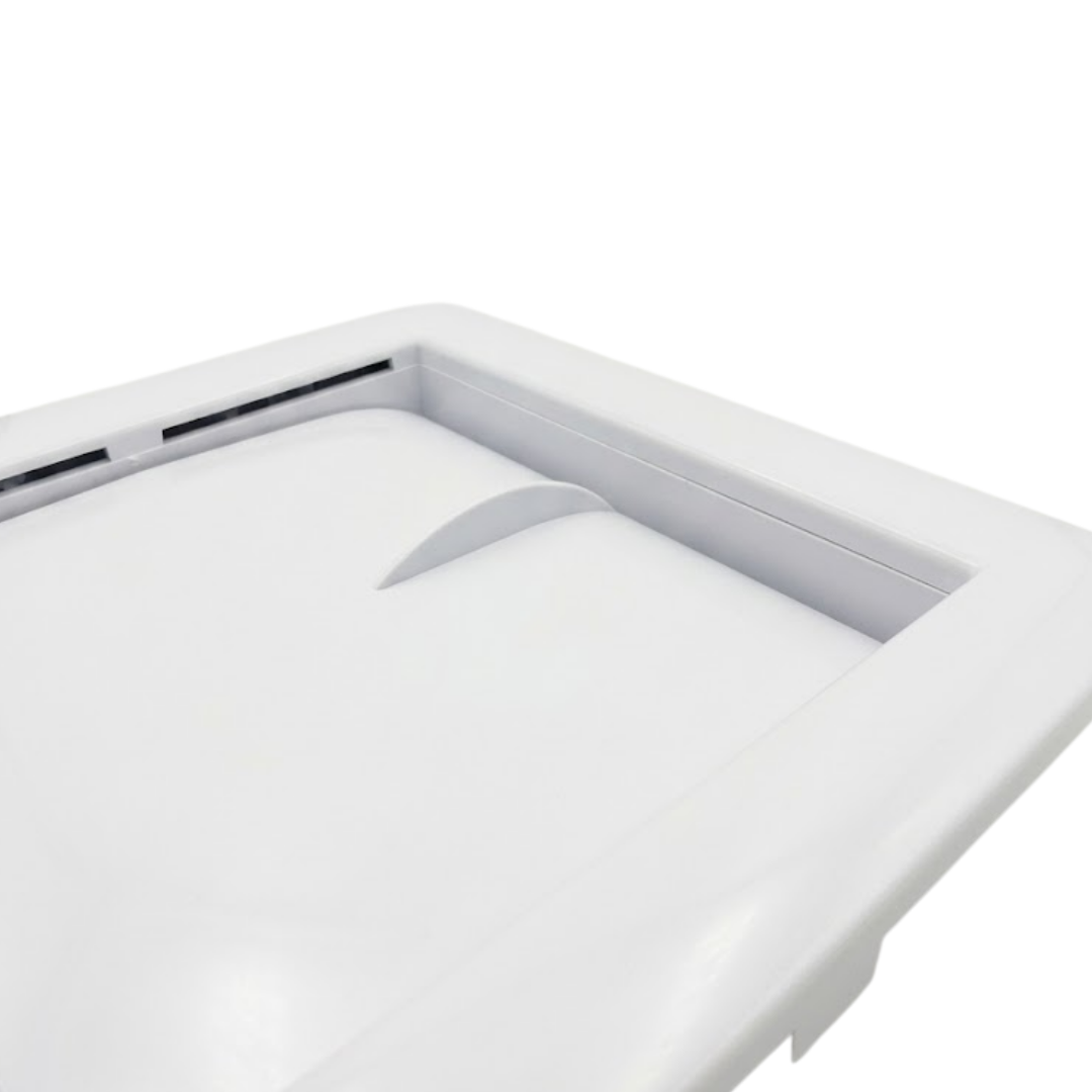 Close up angled front view of a white plastic small pool skimmer weir door frame assembly highlighting the outer decorative trim and central door ridge