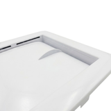 Close up angled front view of a white plastic small pool skimmer weir door frame assembly highlighting the outer decorative trim and central door ridge