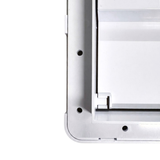 Close up rear view of a white plastic small pool skimmer weir door frame assembly showing the lower corner hinge pin attachment and screw mounting holes