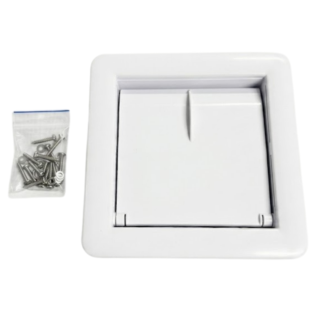 Front view of a white plastic small pool skimmer weir door assembly kit featuring the square hinged faceplate next to a small bag of stainless steel mounting screws