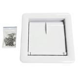 Front view of a white plastic small pool skimmer weir door assembly kit featuring the square hinged faceplate next to a small bag of stainless steel mounting screws