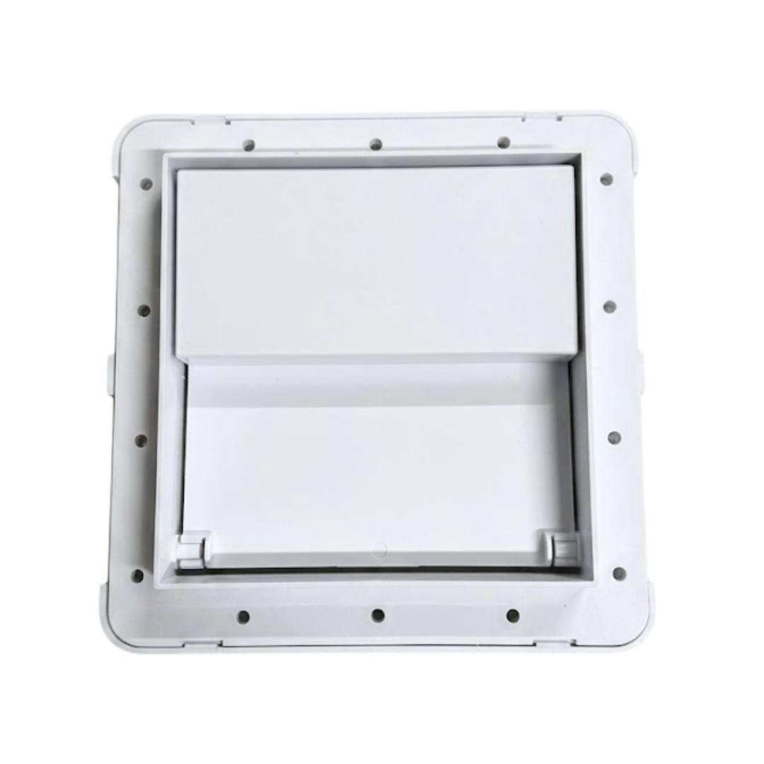 Rear view of a white plastic small pool skimmer weir door frame assembly showing the pre drilled mounting screw holes along the outer flange