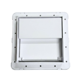 Rear view of a white plastic small pool skimmer weir door frame assembly showing the pre drilled mounting screw holes along the outer flange