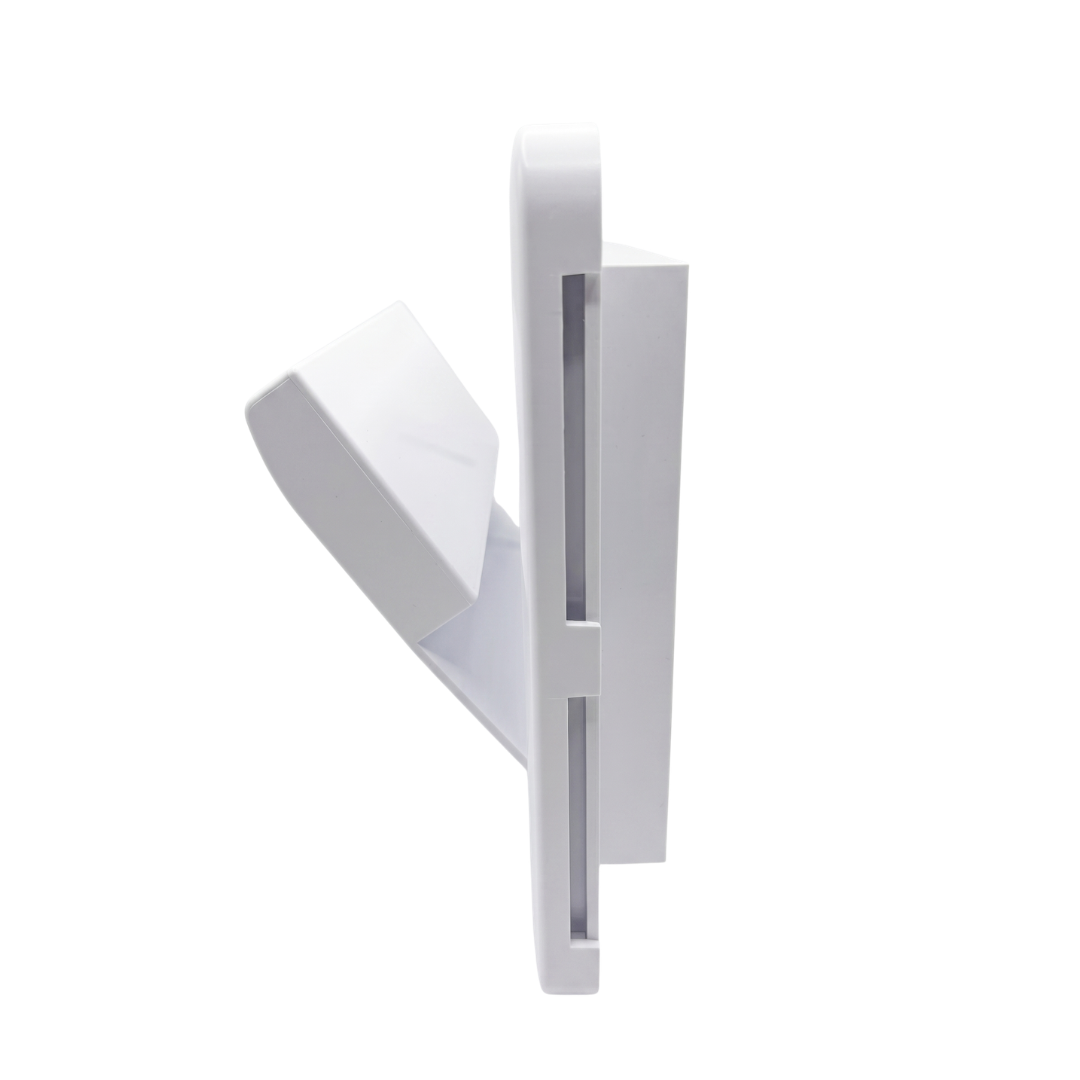 Side profile view of a white plastic small pool skimmer weir door assembly showing the hollow rectangular flap door propped open on its bottom hinge