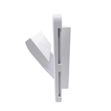 Side profile view of a white plastic small pool skimmer weir door assembly showing the hollow rectangular flap door propped open on its bottom hinge