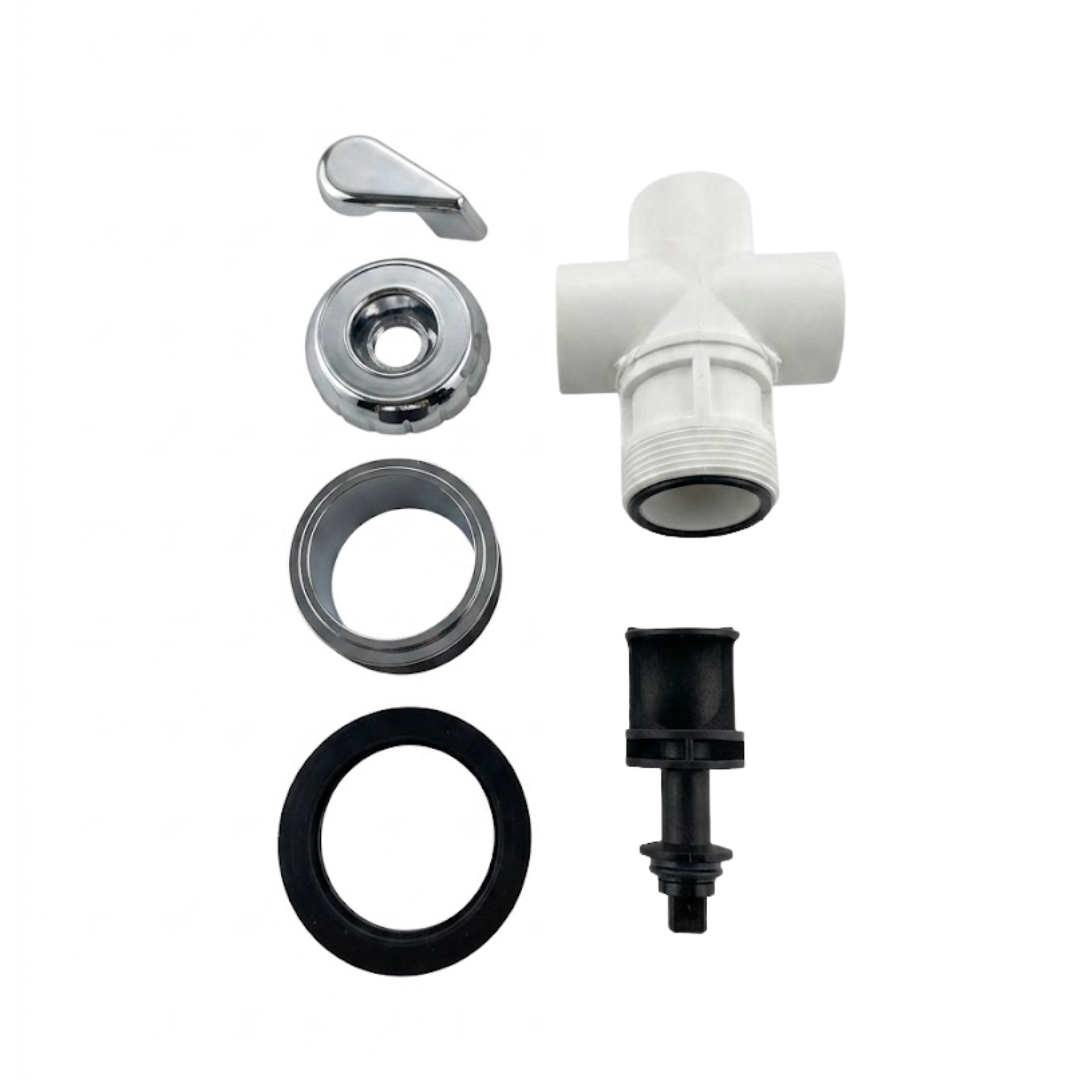 A flat lay exploded view of a small spa bath diverter valve assembly kit detailing the chrome lever handle, textured cap, body collar, rubber sealing gasket, internal gate slider plunger, and white plastic 3 way manifold housing