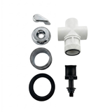 A flat lay exploded view of a small spa bath diverter valve assembly kit detailing the chrome lever handle, textured cap, body collar, rubber sealing gasket, internal gate slider plunger, and white plastic 3 way manifold housing
